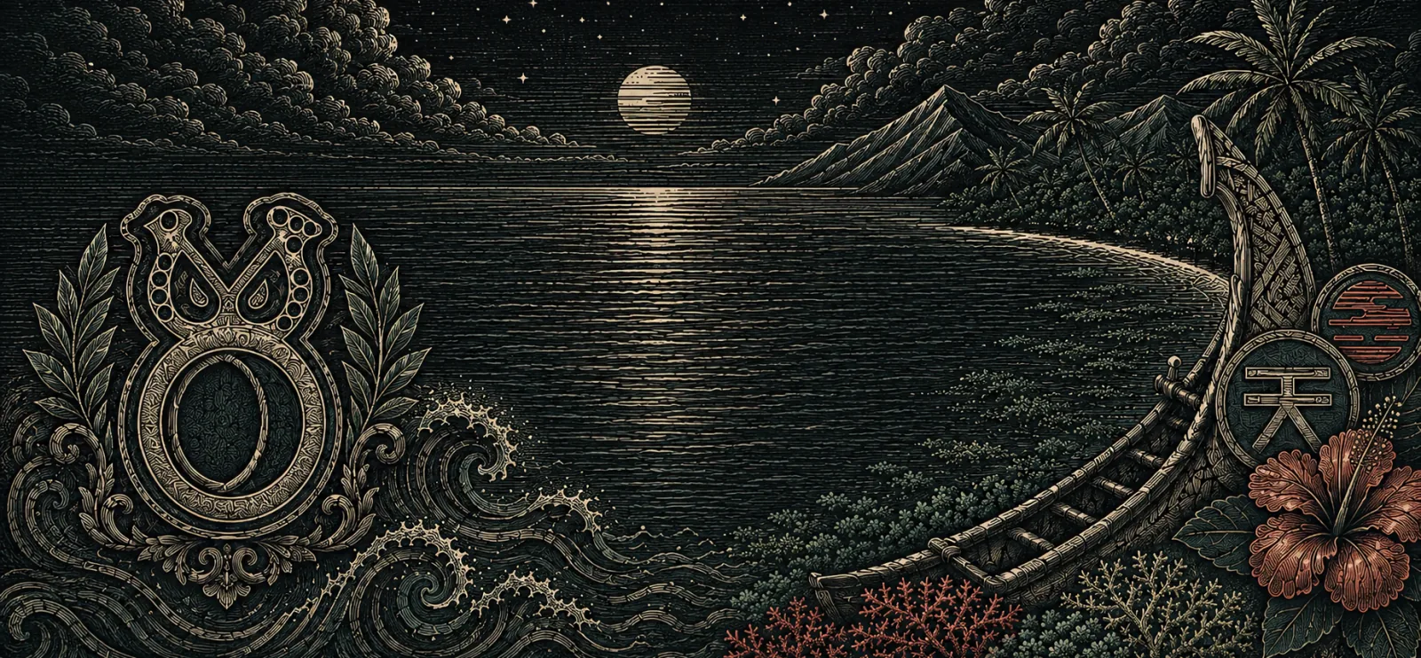 An engraved Solomon Islands lagoon, canoe and Bokolo shell beneath a moonlit sky